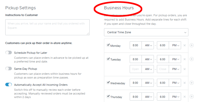 How to Set Up a Free Square Online Store - business hours settings