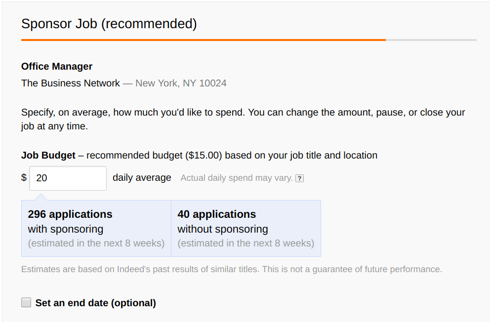 Indeed Job Posting Sponsoring a Job screenshot image